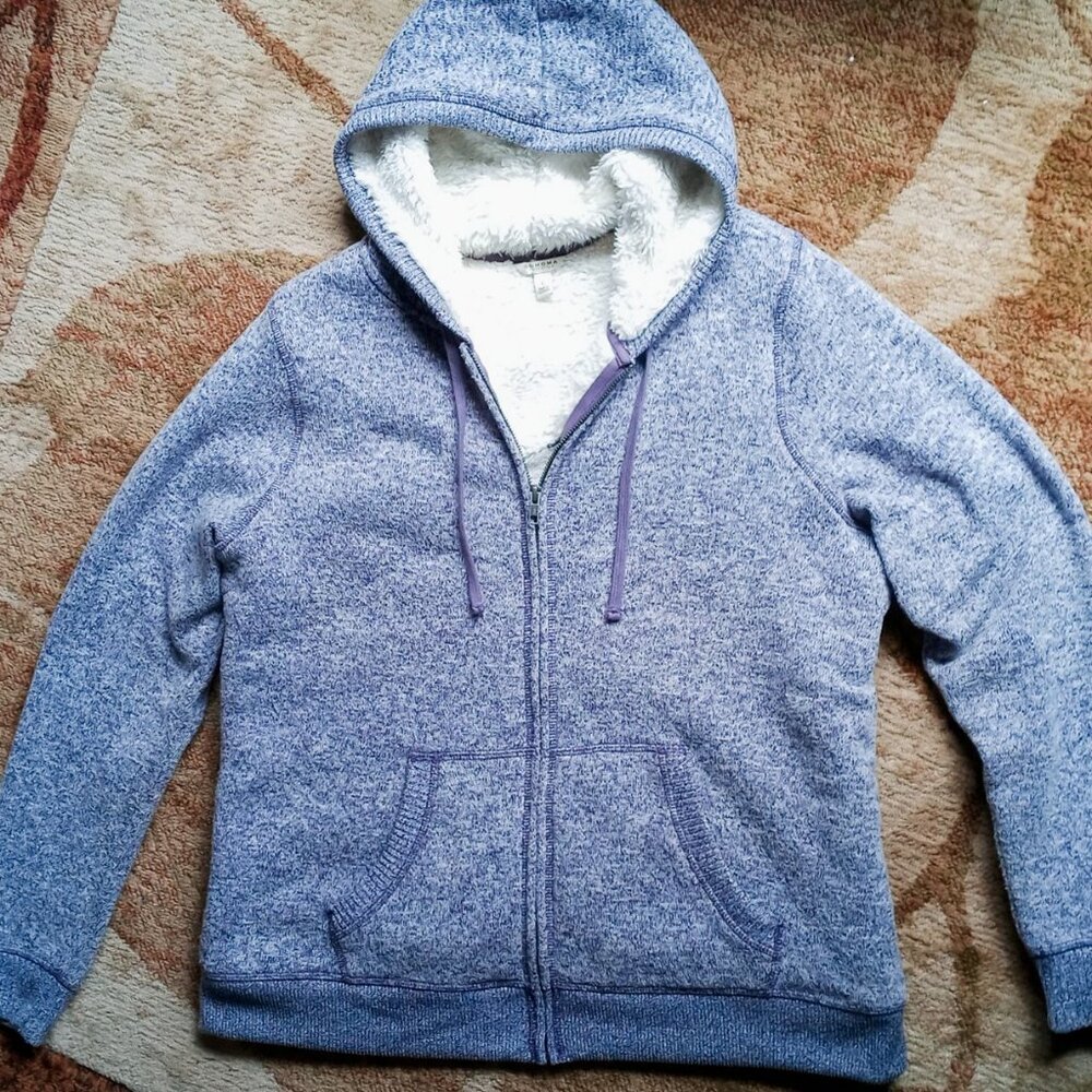 Sonoma Lavender Heathered Cozy Faux Sherpa Lined Zip Pockets Hoodie Woman's L - Picture 3 of 16